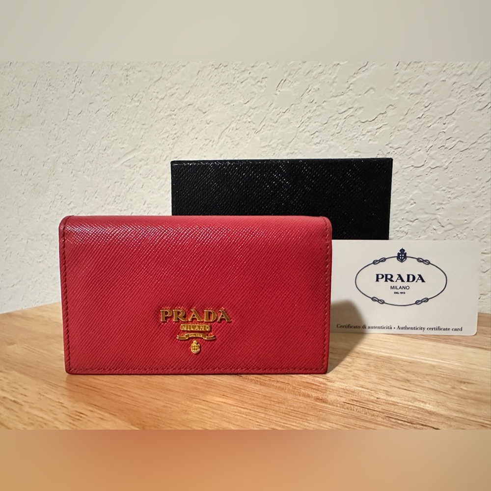 Prada Saffiano Leather Card Case with Gold Accents